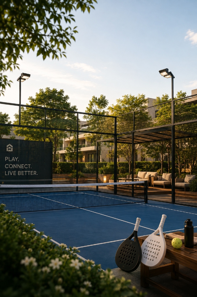 A modern padel and pickleball court integrated into the landscape.