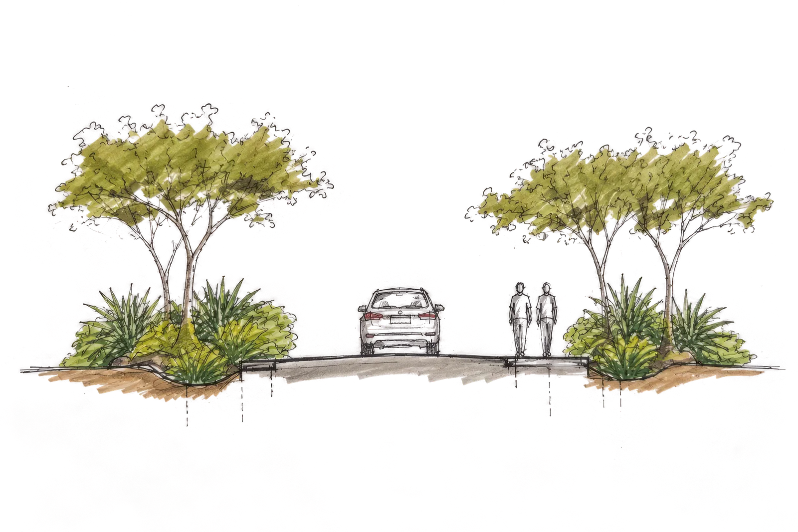 An illustrated view of the estate road, tree-lined, with a car and two figures walking alongside.