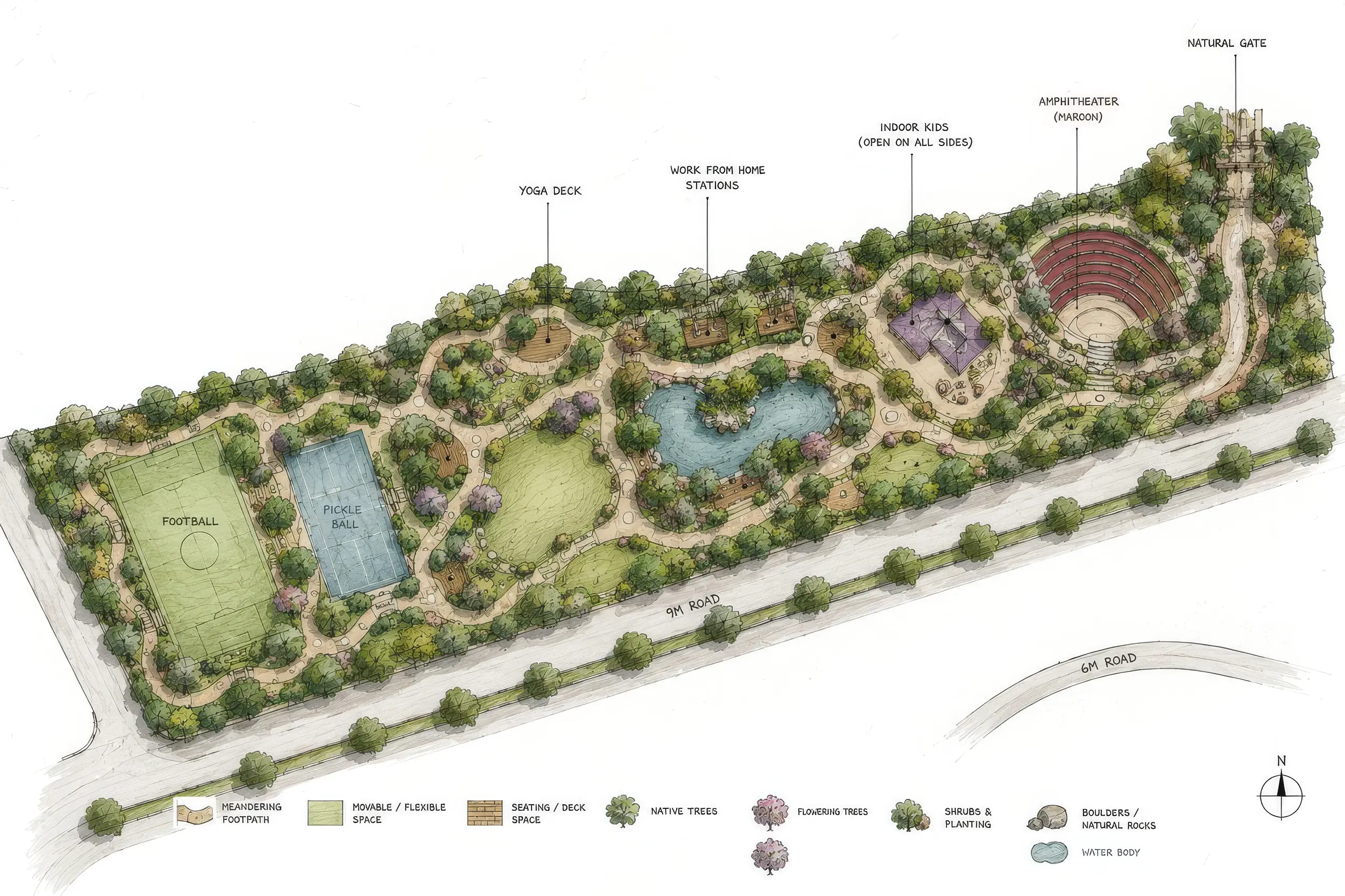 Masterplan showing amenities, sports courts, yoga deck and walkways.